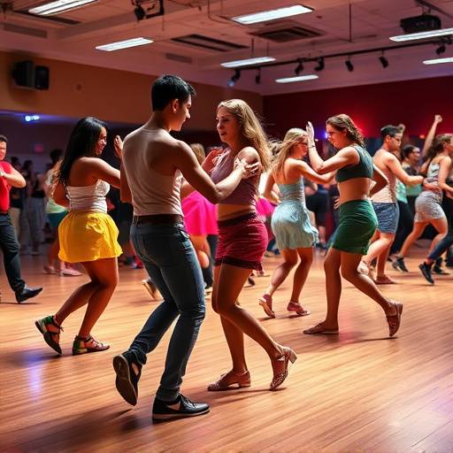 Aula de samba intermediário com alunos praticando passos mais complexos em pares.