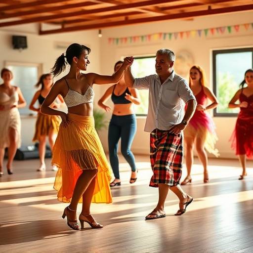 Aula de samba para iniciantes com instrutor demonstrando os passos básicos.