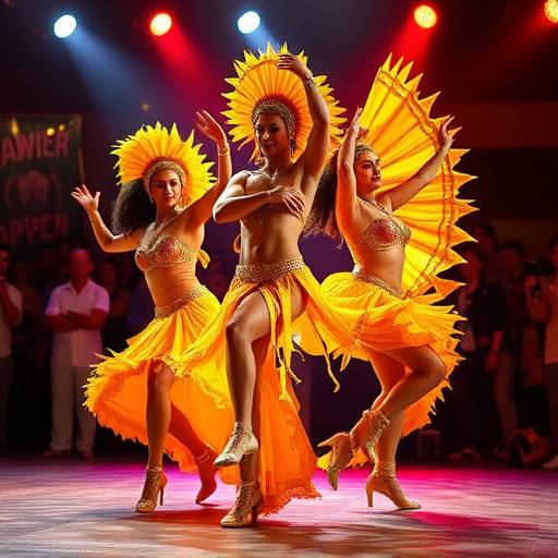 Danäarinos experientes executando movimentos de samba avanäados e acrobacias durante uma aula de alto nível.