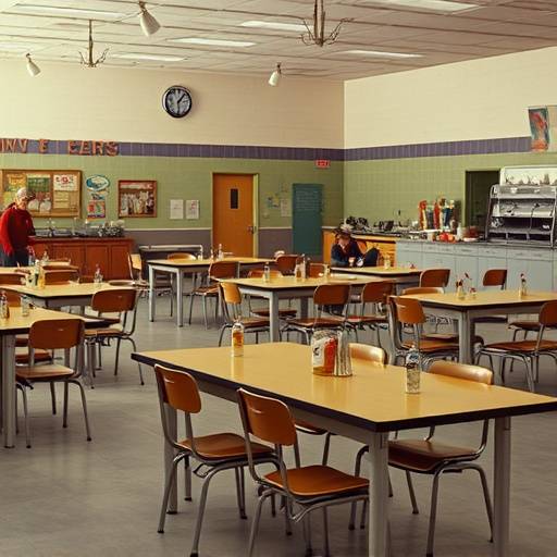 Foto da lanchonete da escola, com mesas e cadeiras e um balcão com lanches e bebidas.