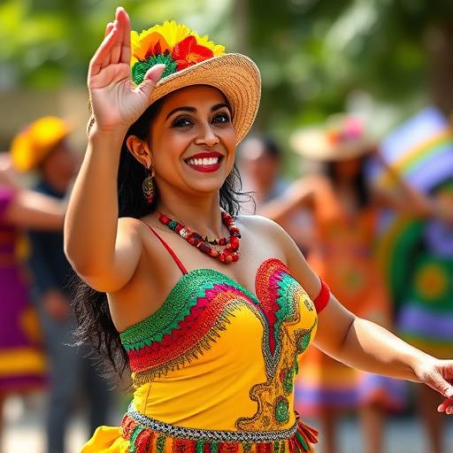 Foto de Carla Mendes, instrutora de samba intermediário e avanäado, danäando samba com um sorriso no rosto.