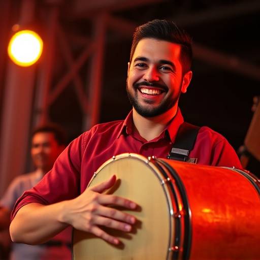 Foto de Mestre Jorge, coordenador de bateria e professor de ritmos de samba, segurando um instrumento de percussão e sorrindo.