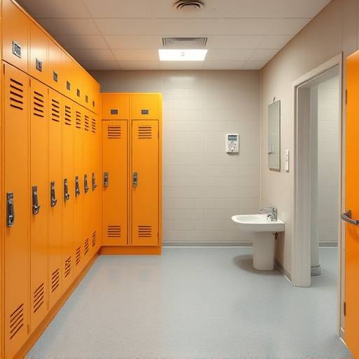 Foto dos vestiários da escola, com armários e banheiros limpos e organizados.