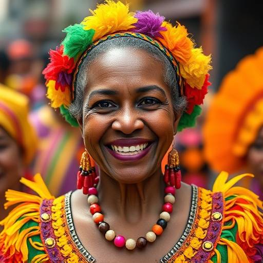 Retrato de Dona Benedita da Silva, fundadora da Escola de Samba Ritmo Carioca, sorrindo e vestindo roupas coloridas de carnaval.